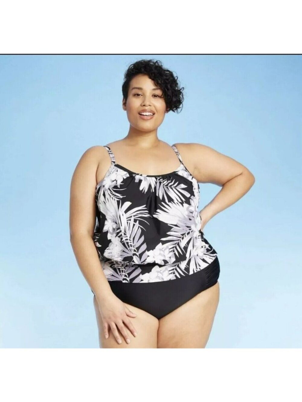 Kona Sol NWT Women's White Black Floral Swim Kona Sol Tankini Top Plus Size 18W